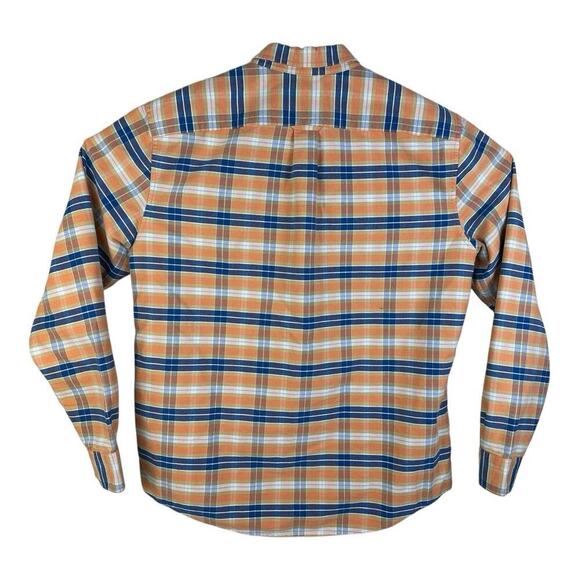 LL Bean Shirt Mens Large Slim Fit Orange Blue Plaid Bean Signature Button Up - Picture 5 of 13